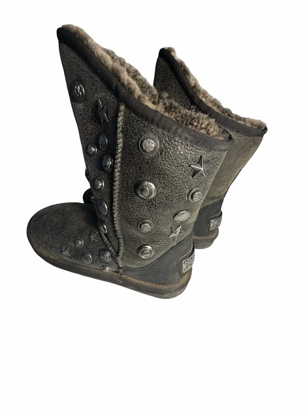 Australia Luxe Angel Studded Metallic Grey Sheepskin Fur Boots Womens 11